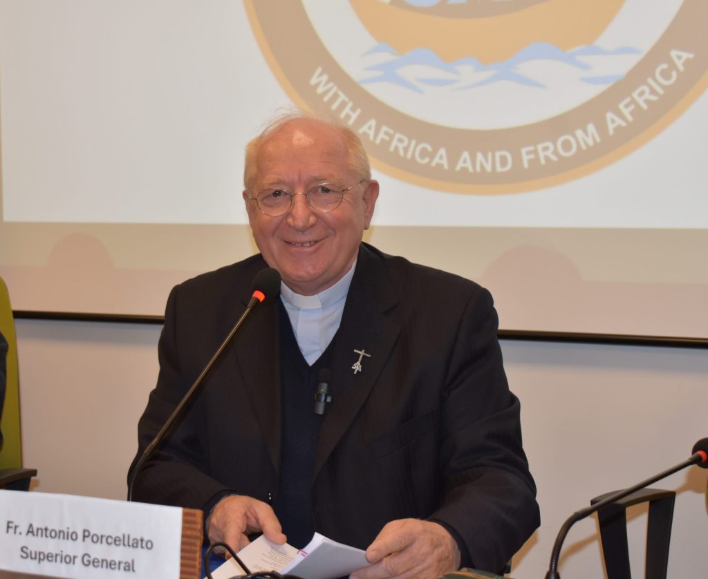 Rev. Fr. Antonio Porcellato giving the openining speech for the 22nd General Assembly of the SMA at Rocca di Papa in Rome, May 18, 2025.