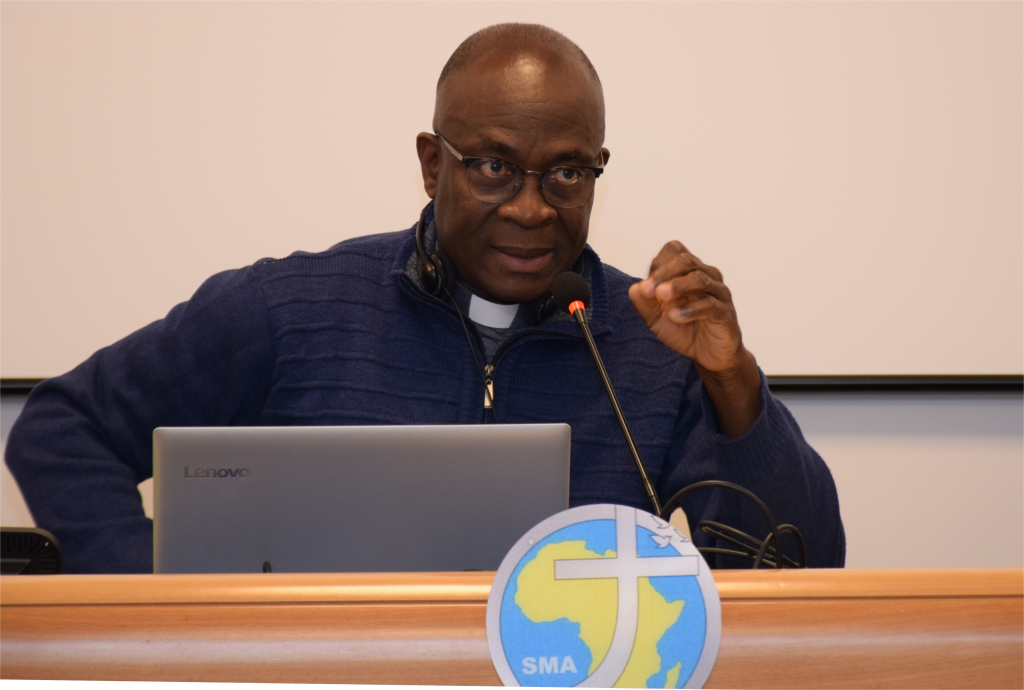 Fr. Didier Lawson, the Bursar General of the Society of African Missions, giving the financial report during the 22nd SMA General Assembly at Rocca di Papa, Rome on May 22, 2025.